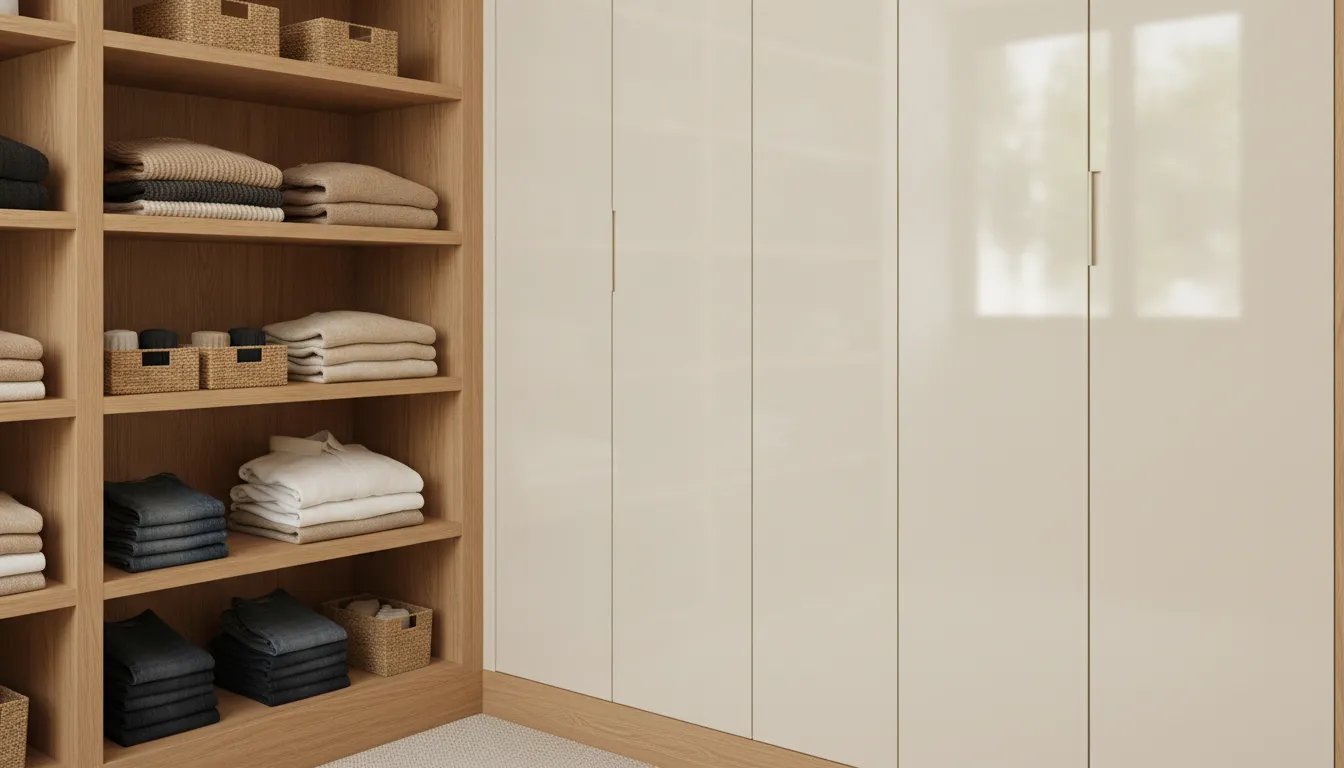 Open shelving beside closed cabinets in a walk-in closet