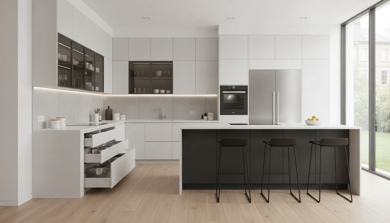 Full overlay cabinet doors mounted on the exterior of the cabinet frame