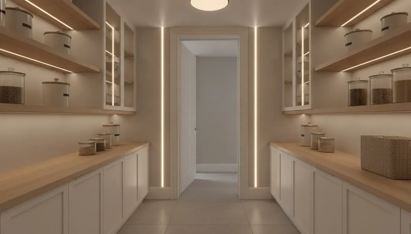 Walk-in pantry layout with lighting planned around door clearance and cabinet walls