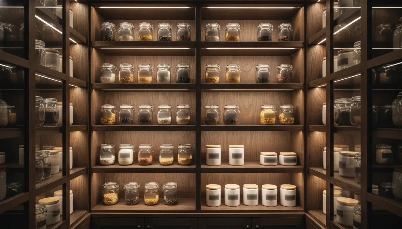 Concealed LED shelf lighting reducing shadows on pantry shelves