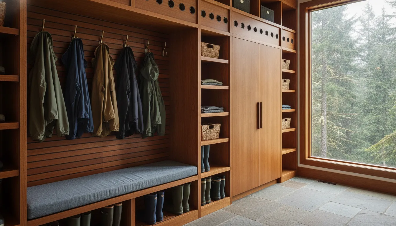 Organized Pacific Northwest closet zone for rain gear and boots