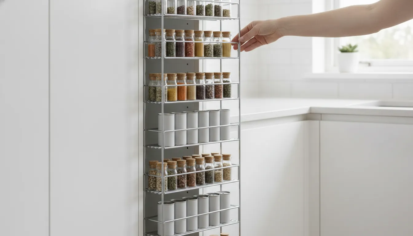 Narrow pull-out pantry organizer gliding forward with slim bottles and spices in a modern kitchen