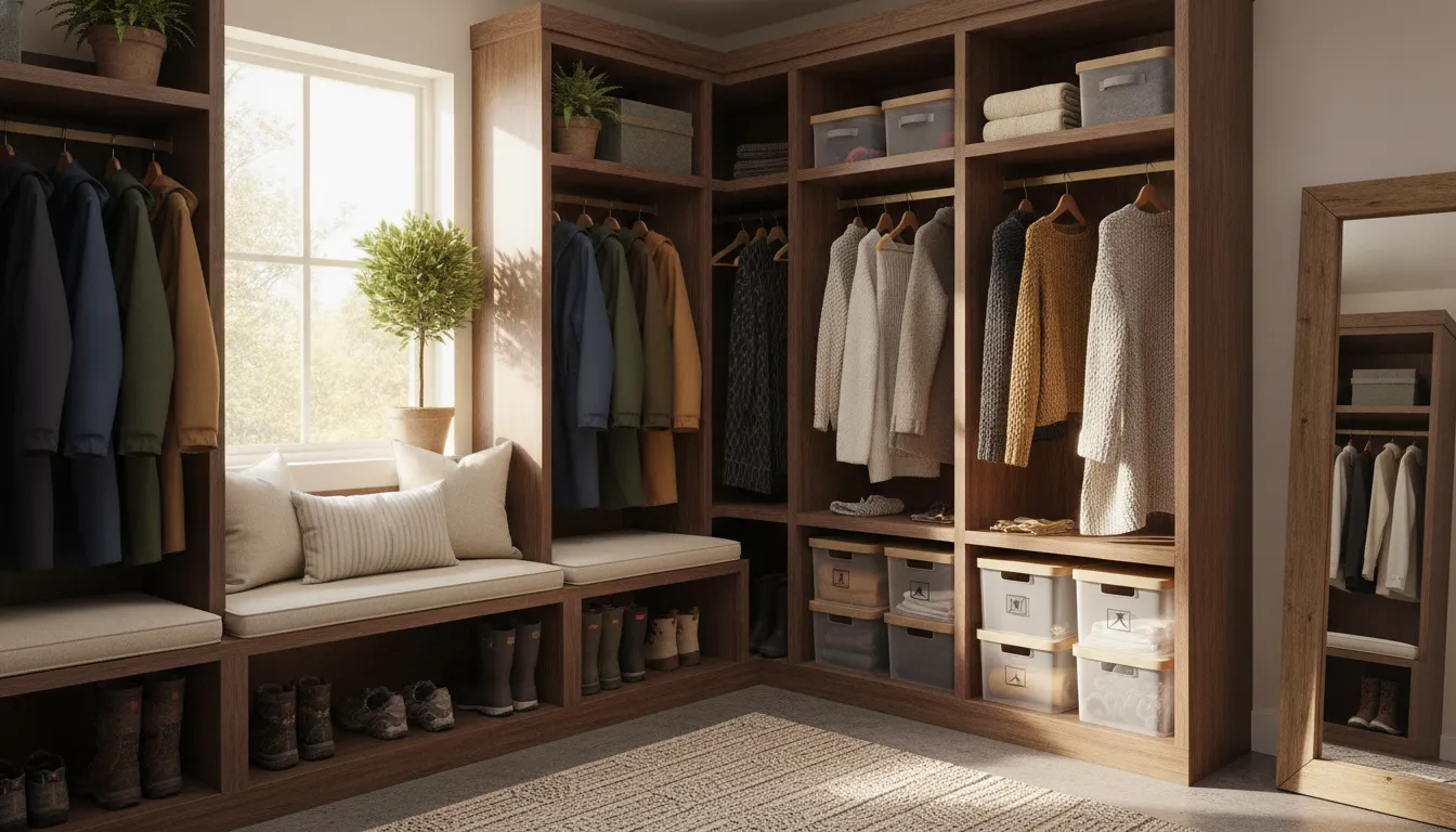 Seasonal closet organization in a Pacific Northwest walk-in closet