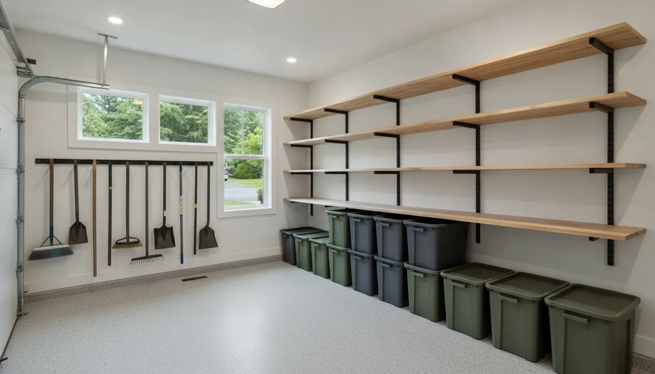 Garage shelving zones for bins, tools, and long-handled equipment