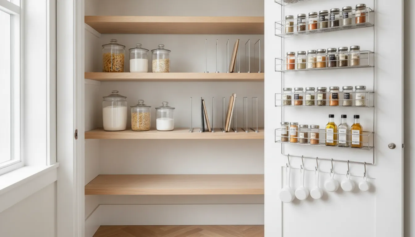Small pantry with clear canisters, upright baking sheets on vertical dividers, and door-mounted racks