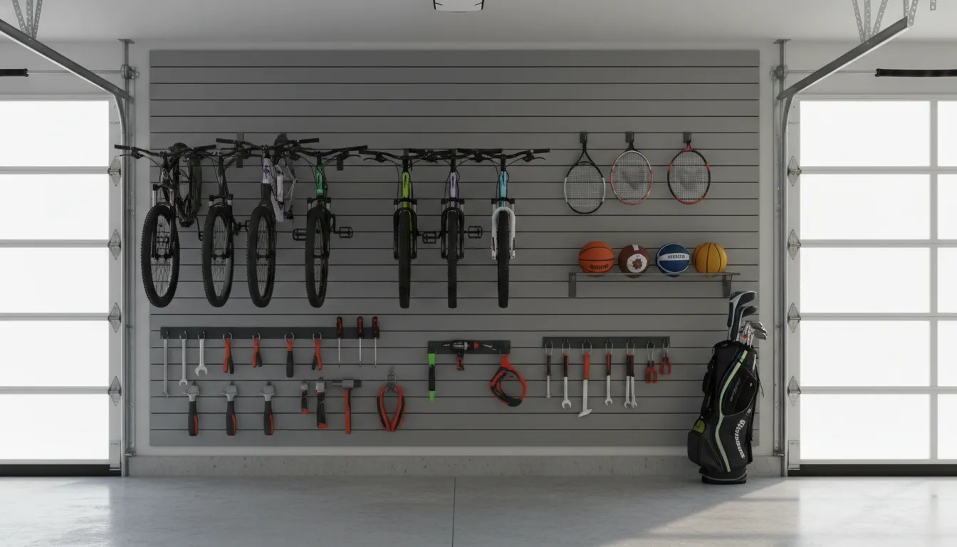 Modern slatwall as a pegboard alternative for organized garage tools and sports gear