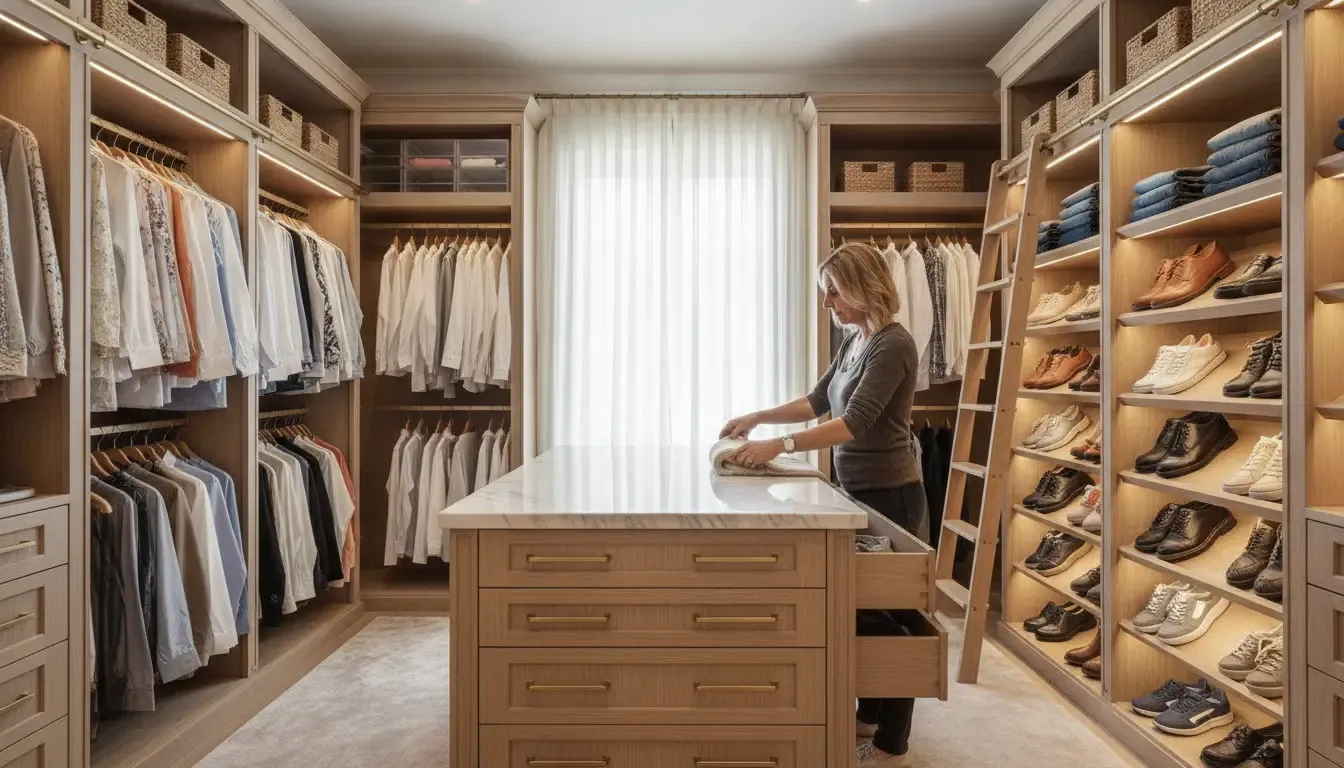 Custom closet with organized hanging, folded clothing, shoe, and drawer zones