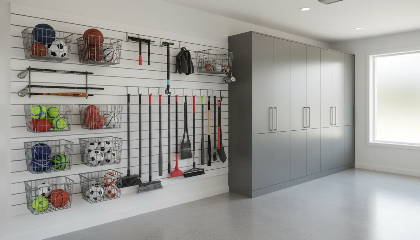 Pegboard alternatives for garage walls with slatwall panels and cabinet storage