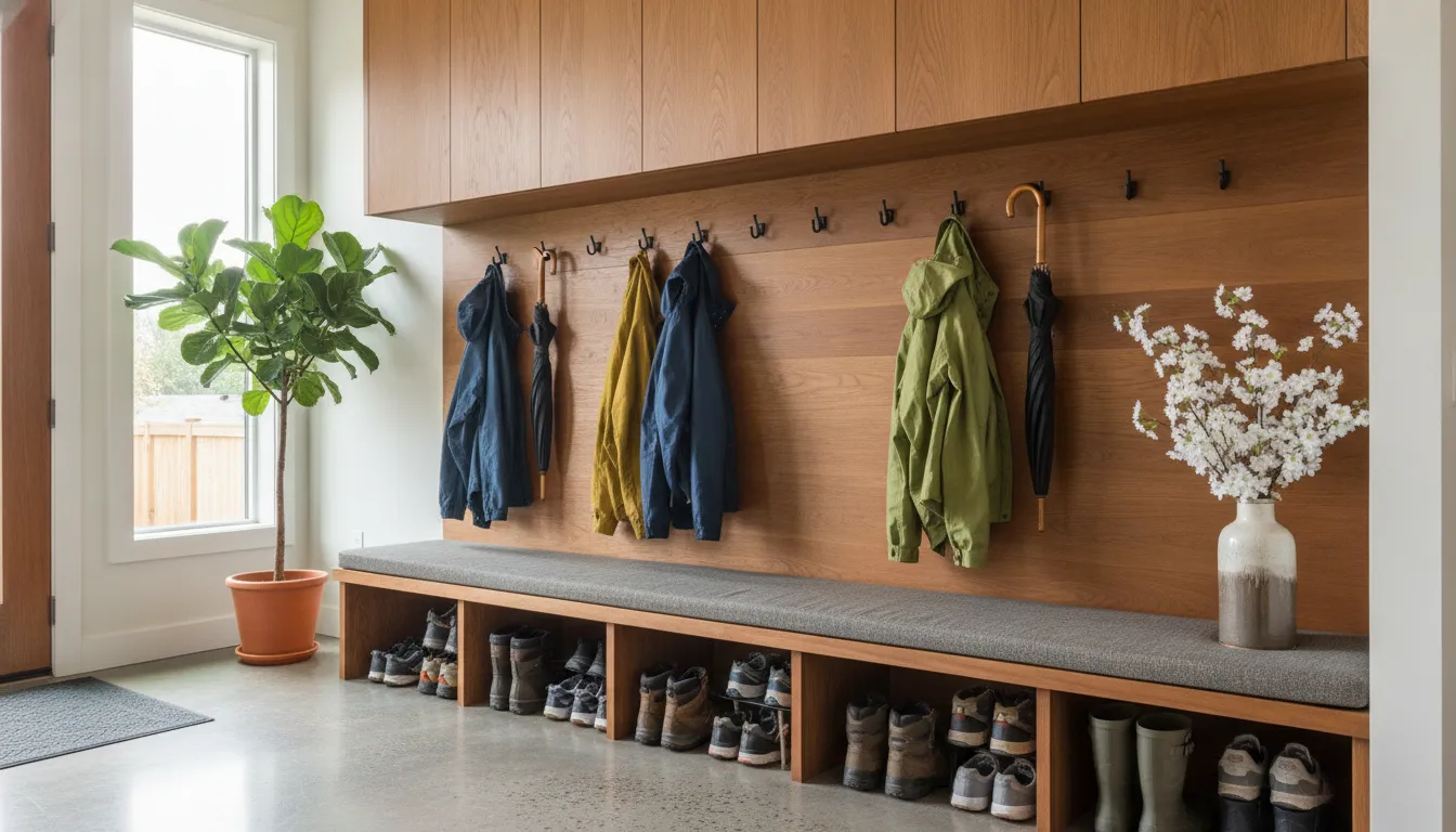 Custom Seattle entryway with built-in bench, shoe cubbies, coat hooks, and upper storage cabinets