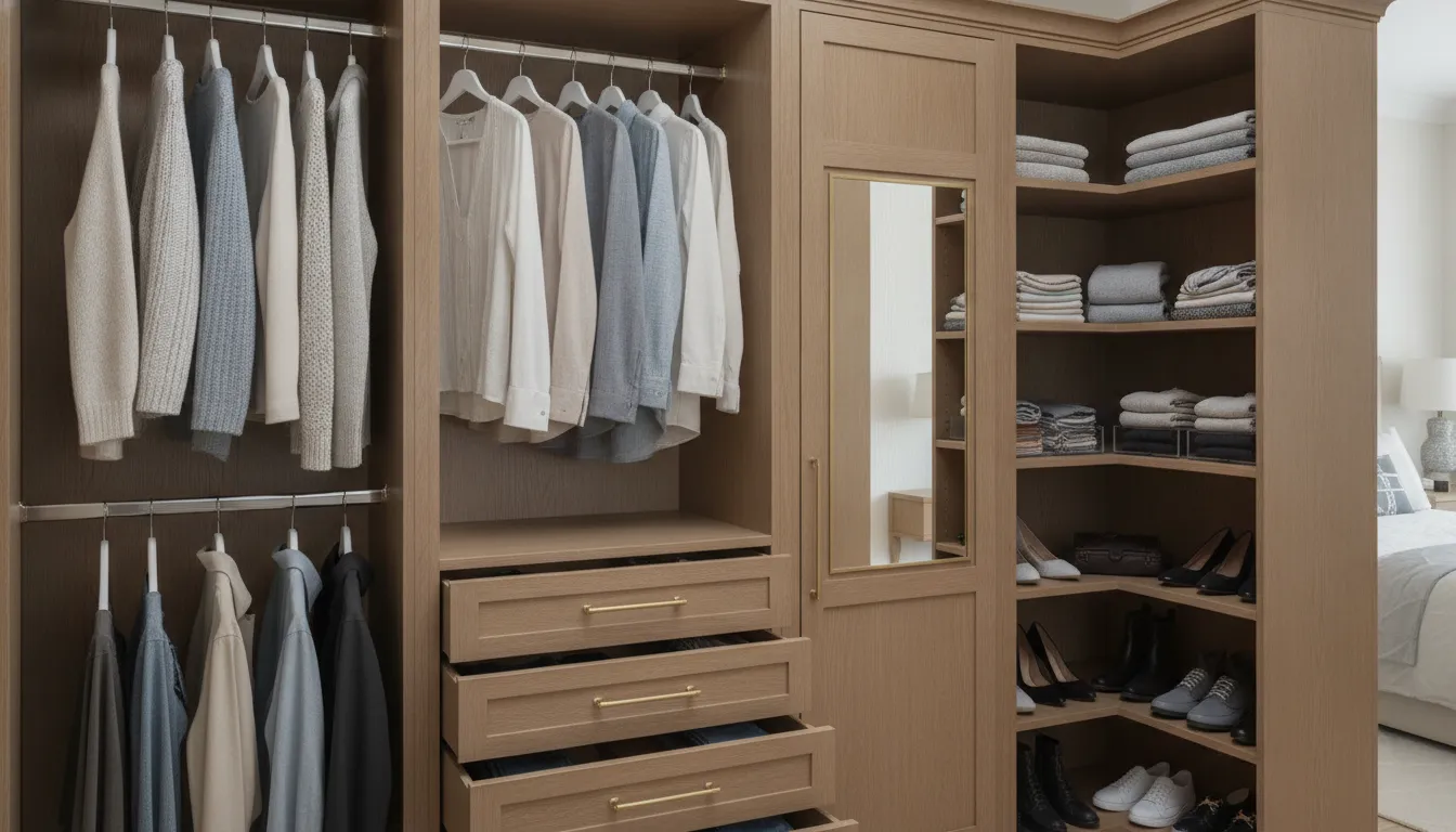 Reach-in closet layout with hanging, shelving, drawers, and accessory zones