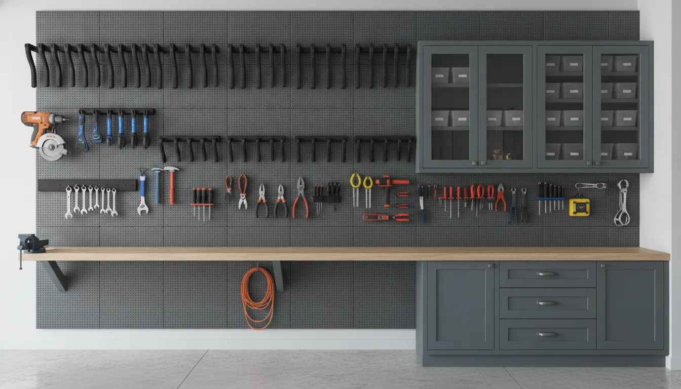 Organized garage workshop wall with gray slatwall panels and hooks holding tools