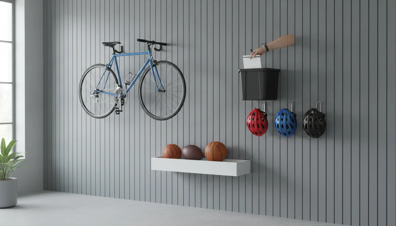 Bicycle mounted on a wall rack with balls on hooks in a tidy garage