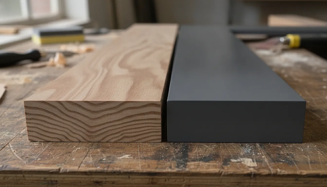 Plywood cabinet edge with visible layered veneer beside a smooth painted MDF door
