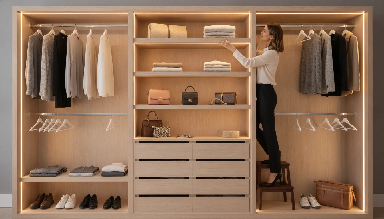 Custom reach in closet with double hanging rods, open shelving, and built-in drawers