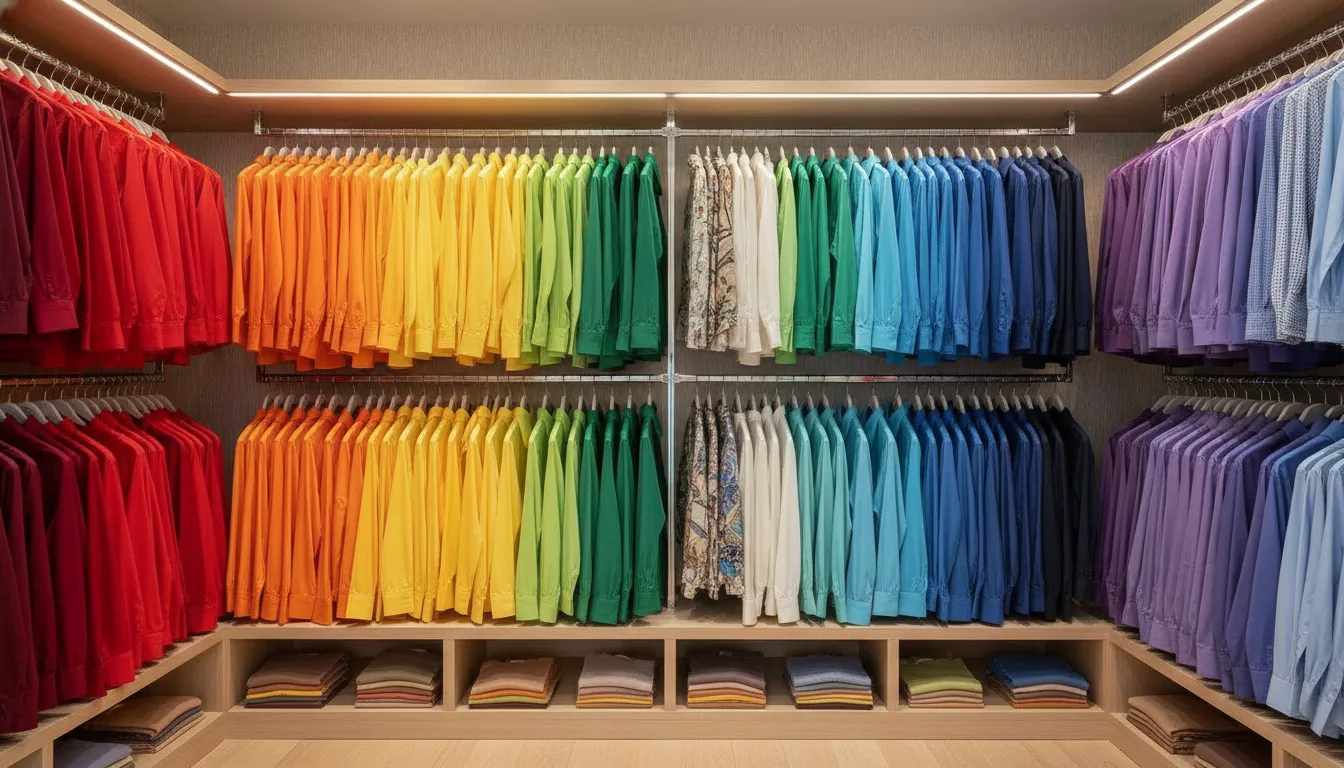 Open closet with colorful shirts arranged by color on matching hangers