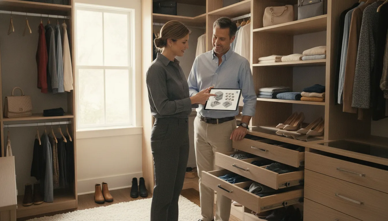 Professional installers assembling custom closet shelving and drawers in a bright bedroom closet