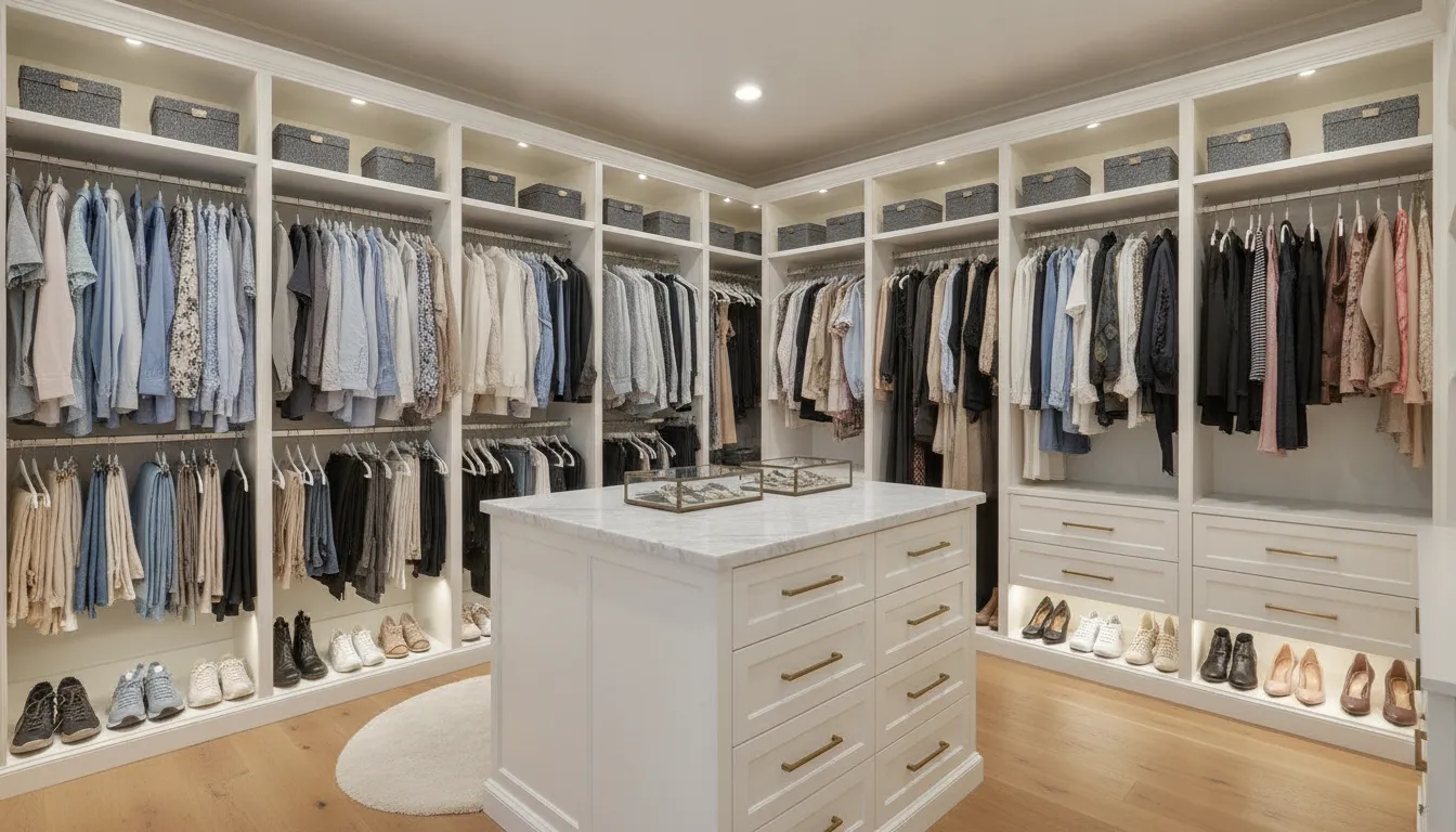 A neatly organized custom walk-in closet with clean white shelves and double-hang clothing rods designed by Creative Closets