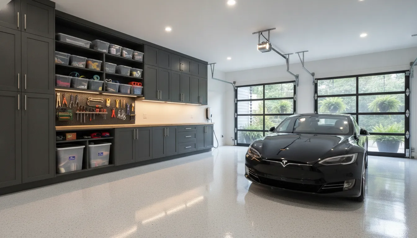 Modern garage with polyaspartic floor coating and wall-mounted storage cabinets