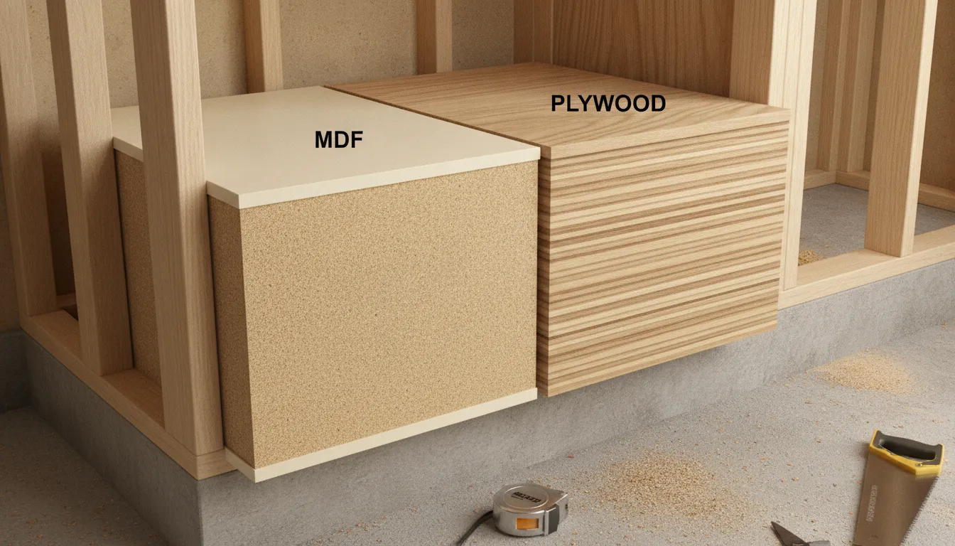 Cross section view of MDF fiberboard and plywood cabinet materials showing layered construction