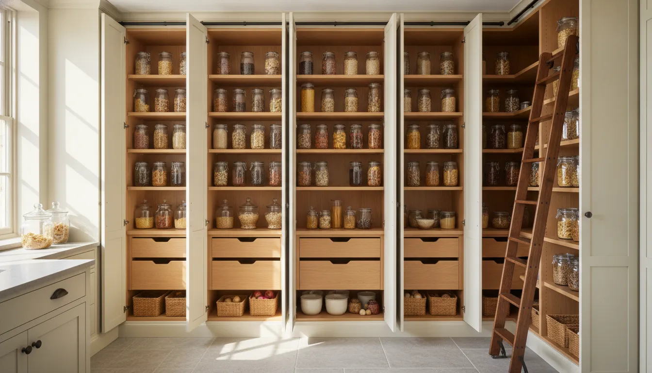Custom kitchen pantry with tall cabinetry, open doors, and organized pull-out shelves for easy pantry cabinet access