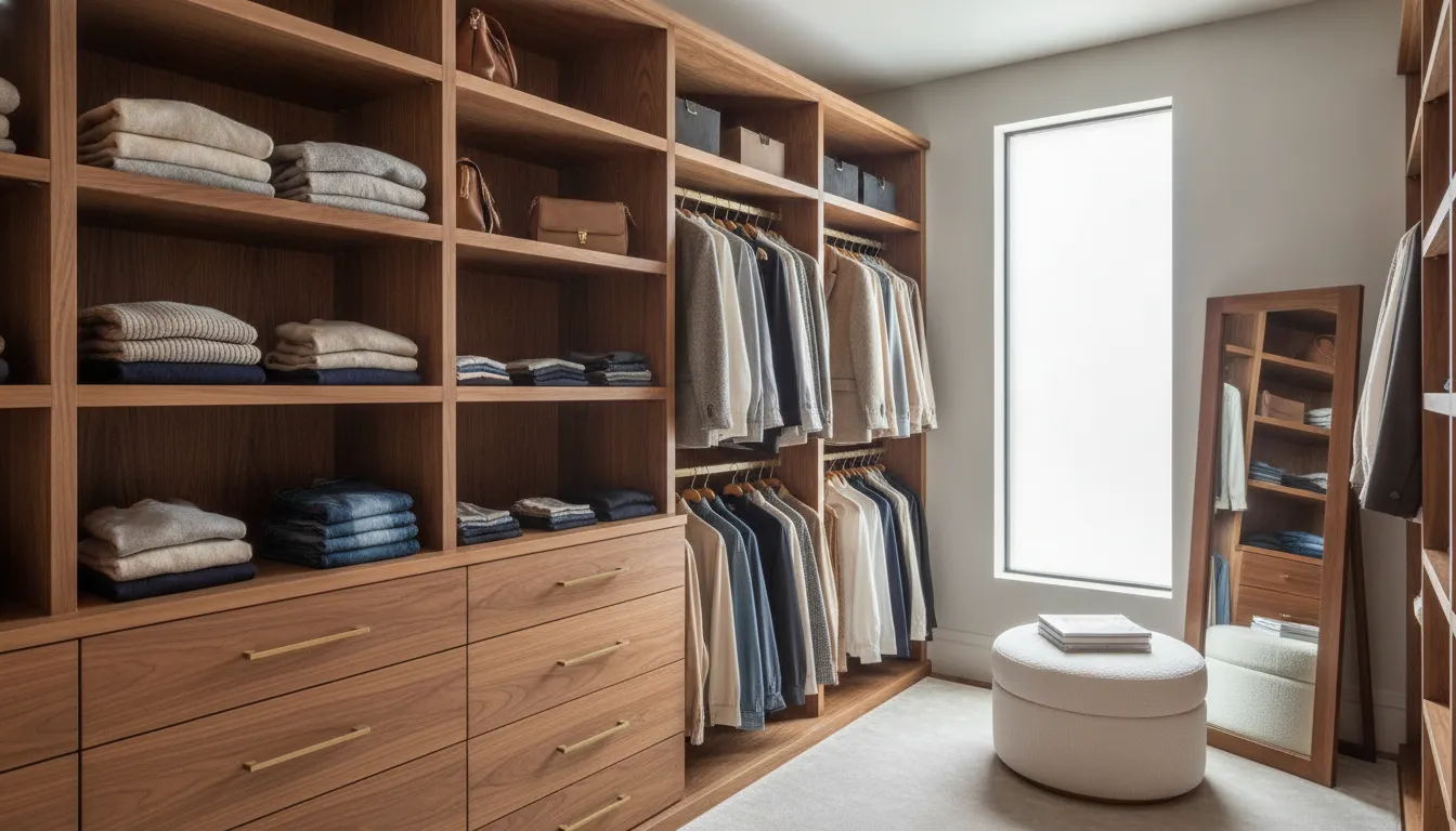 Custom wood closet system with drawers and a hanging rod in a bright walk-in closet