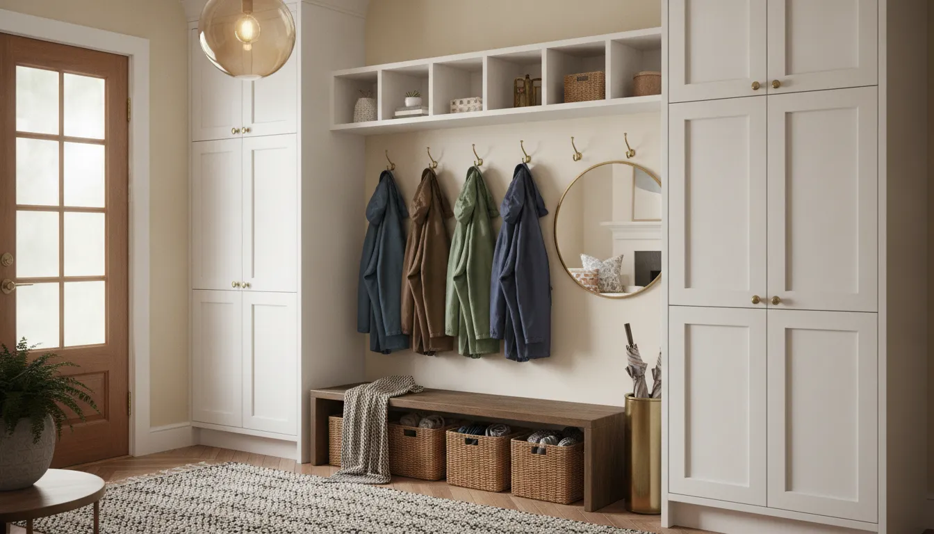 Built-in entryway storage bench and hooks near a home entrance