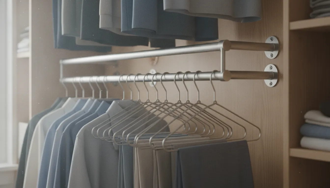 Close-up of a double-hang closet rod installation with sturdy metal hardware and hangers custom crafted by Creative Closets