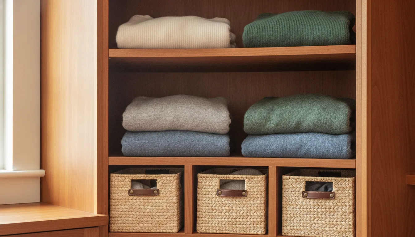 Angled corner shelves with folded sweaters and pull-out baskets in a custom walk-in closet