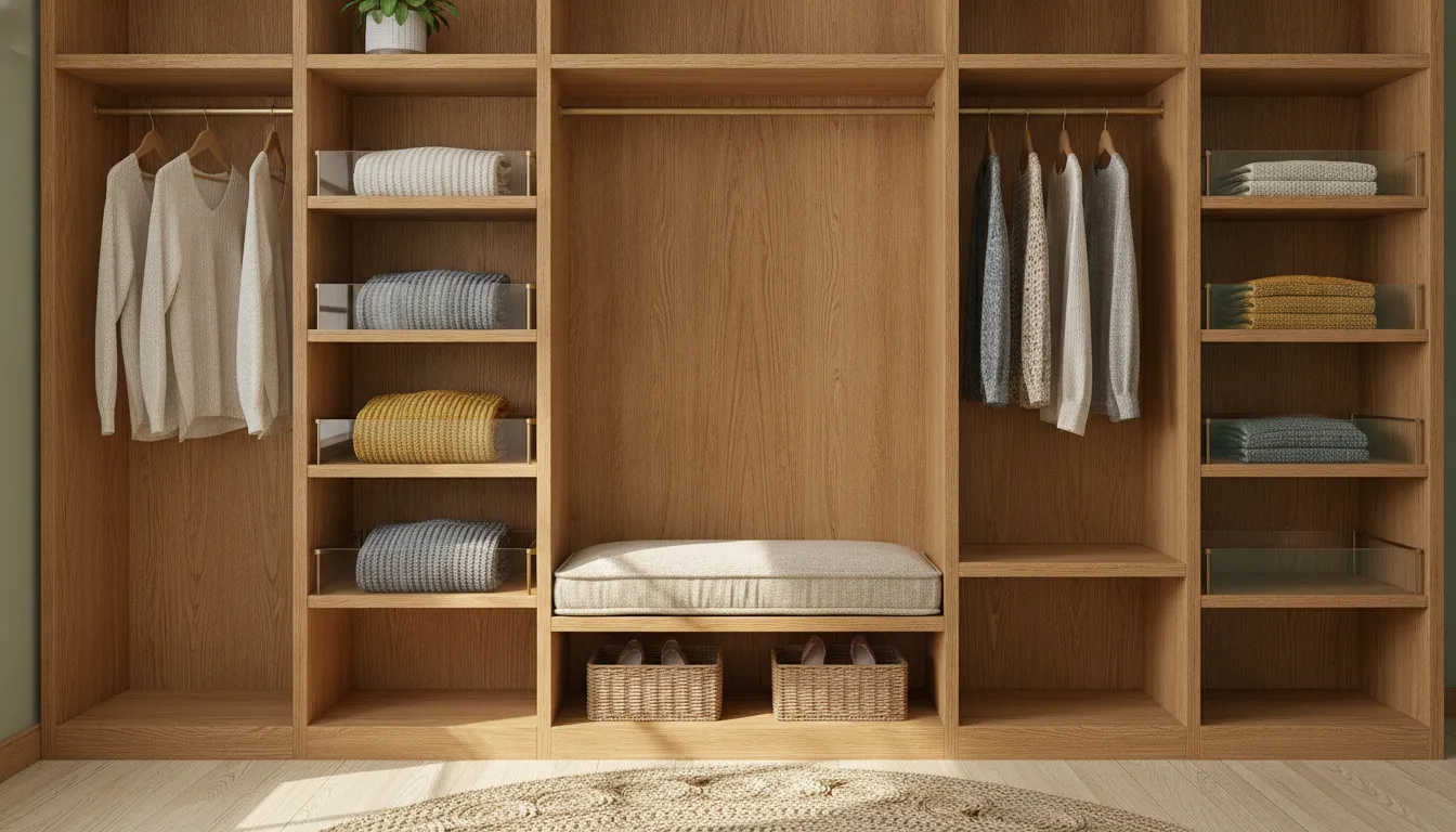 Warm wood open closet shelving with neatly folded sweaters and shelf dividers