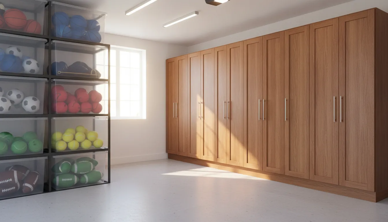 Stacked clear bins for balls beside closed tall custom garage cabinets