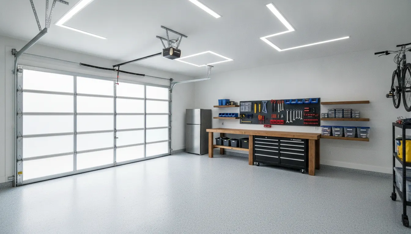 Bright upgraded garage with LED lighting, painted walls, and a durable floor finish