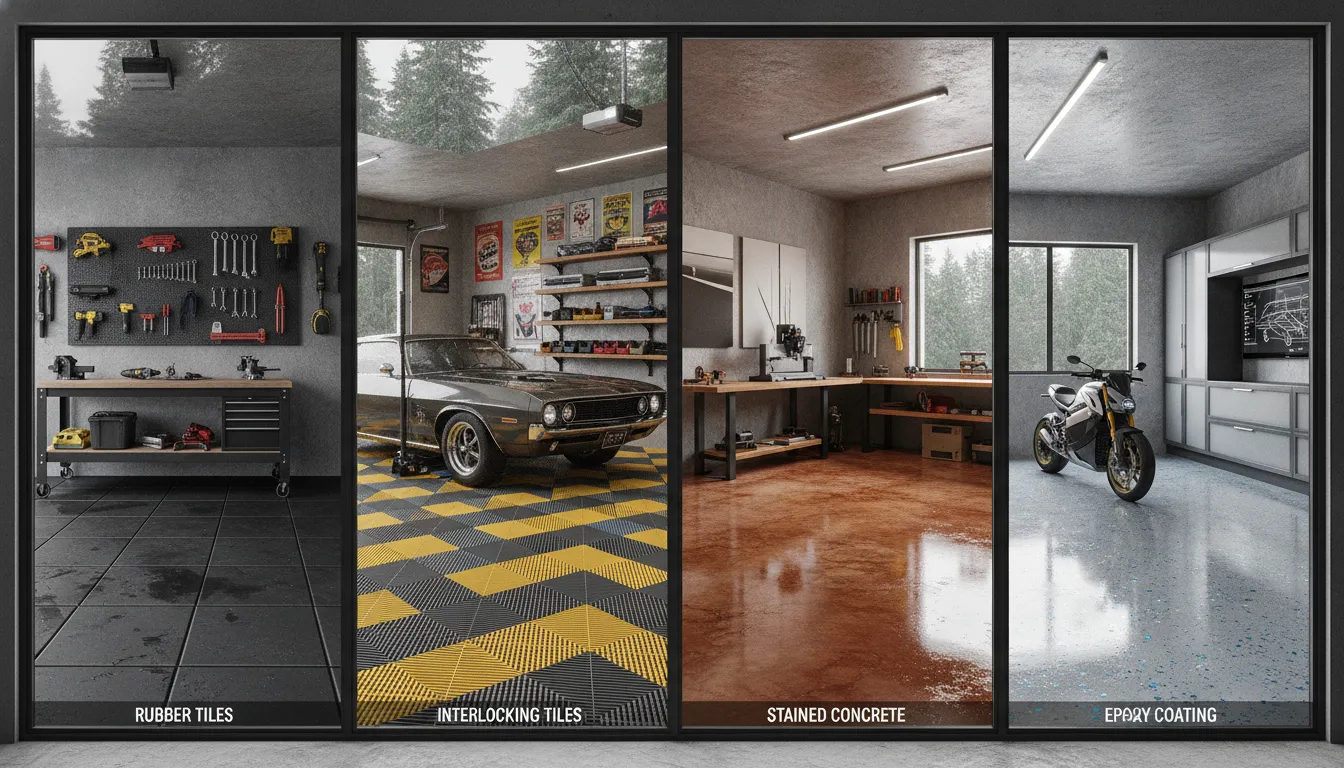 Different garage flooring types including rubber tiles, interlocking tiles, and stained concrete