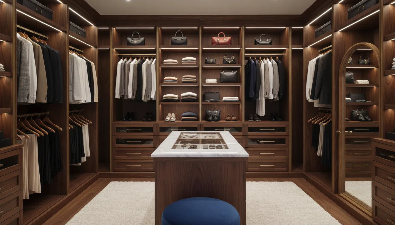 Custom walk-in closet with organized shelves, drawers, and hanging storage