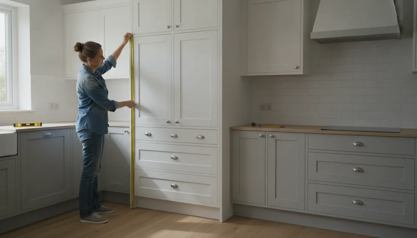 Homeowner measuring a tall kitchen pantry cabinet opening with a tape measure during pantry cabinet sizing