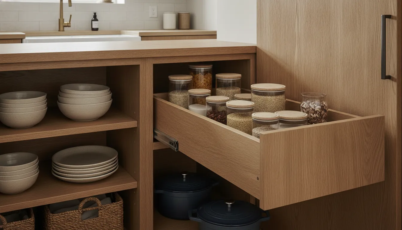 Pull-out pantry drawer and adjustable shelves arranged for easy access
