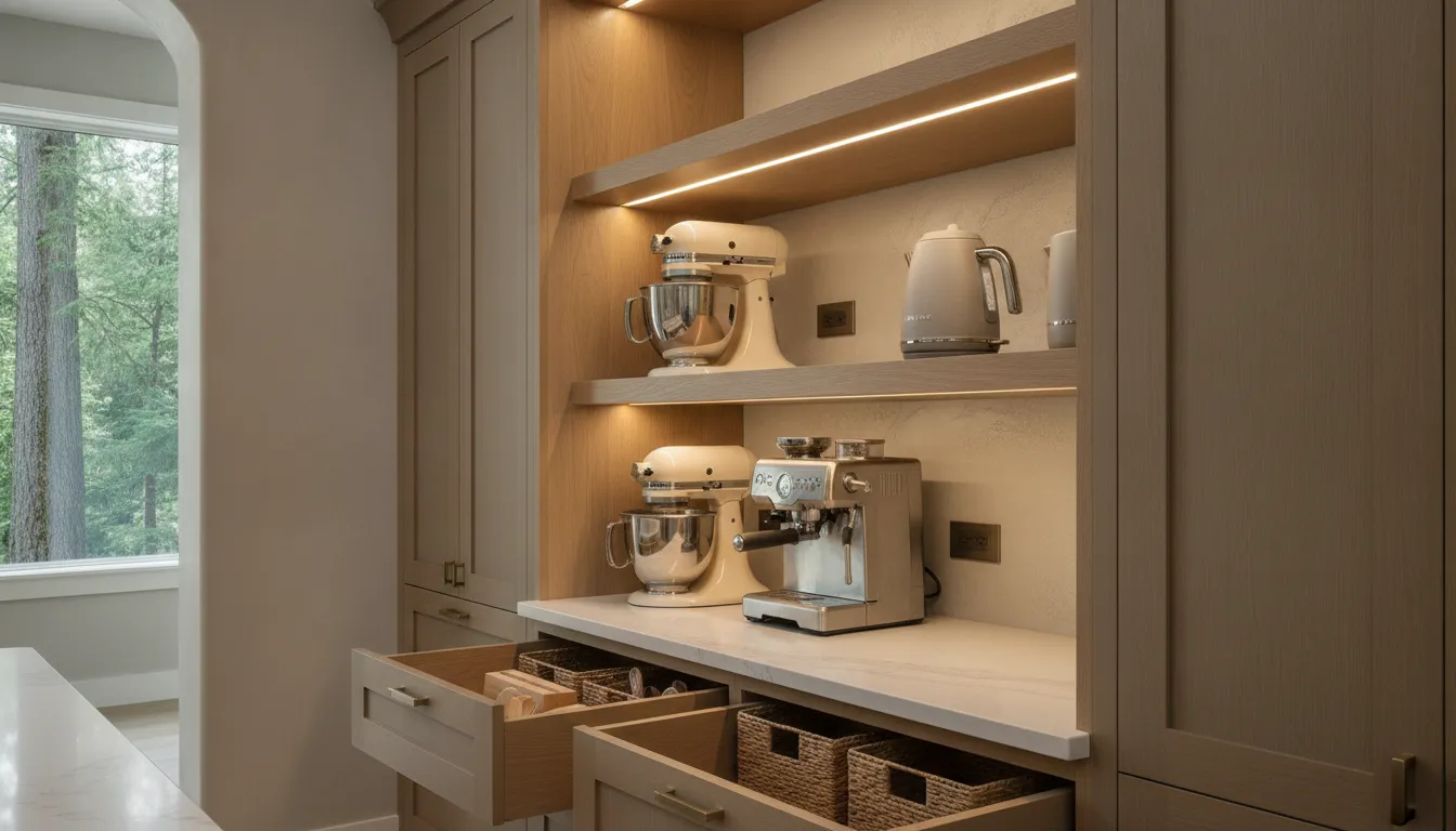 Warm under-shelf lighting illuminating a custom pantry appliance zone