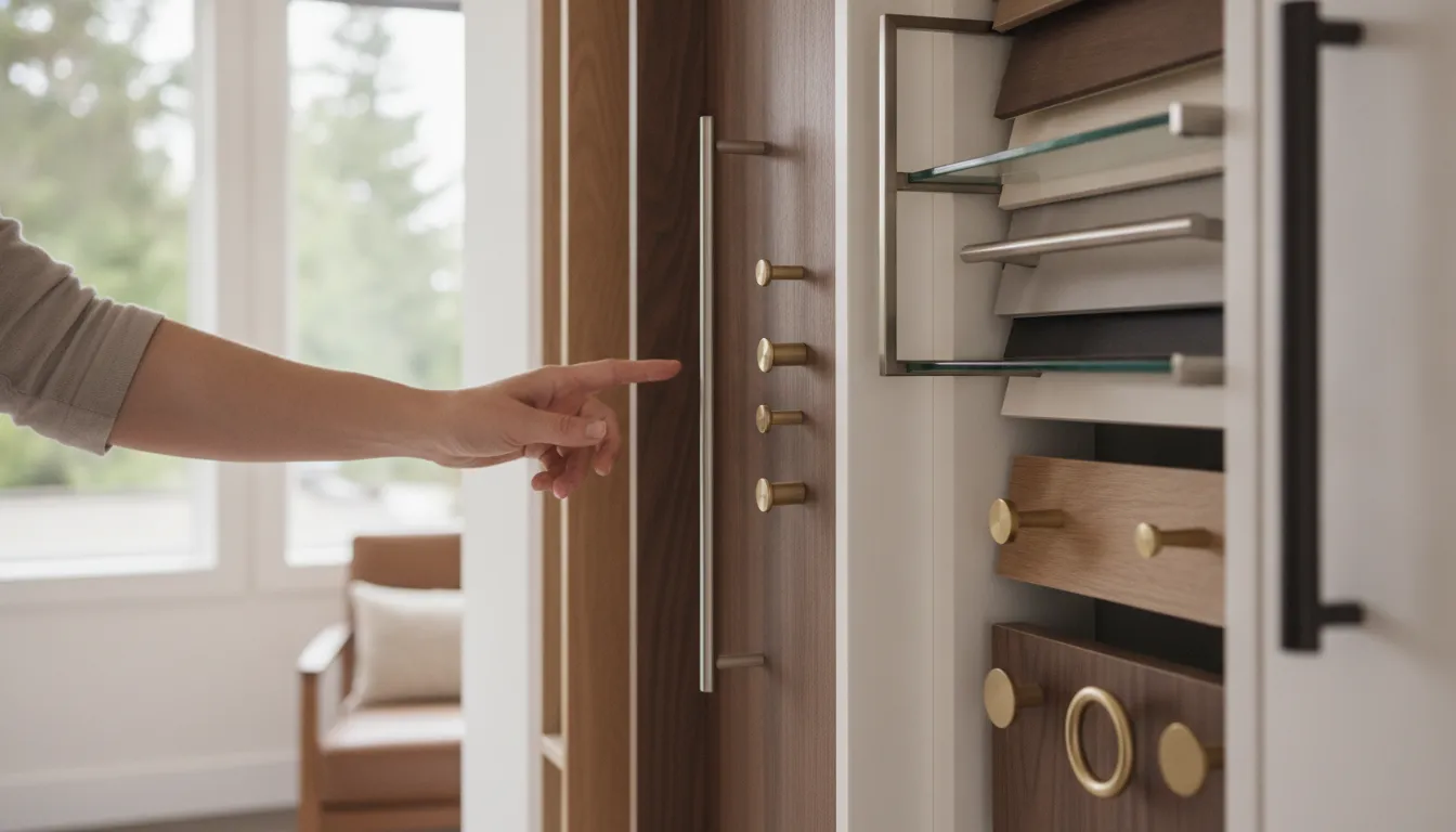 Custom closet finish and hardware options with woodgrain panels, shelves, and drawer pulls