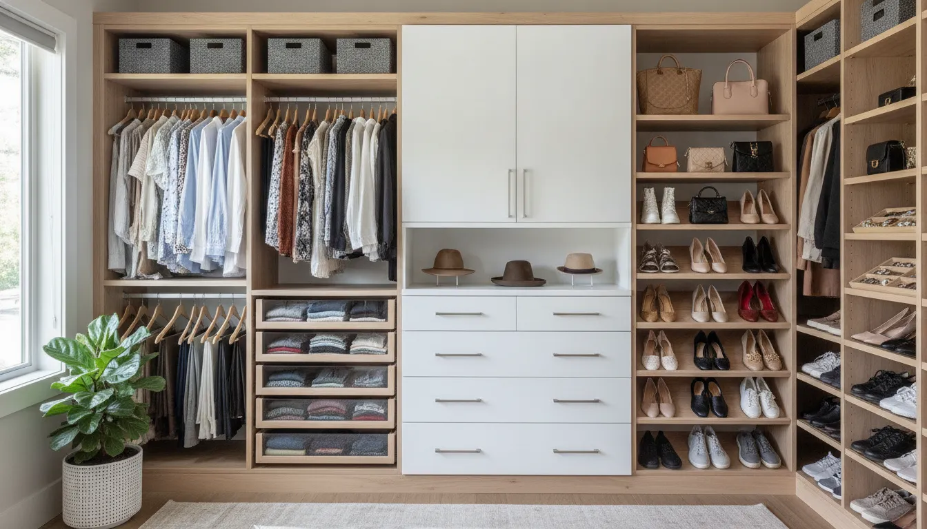 Custom reach-in closet organized into hanging, drawer, folded clothing, handbag, and shoe zones