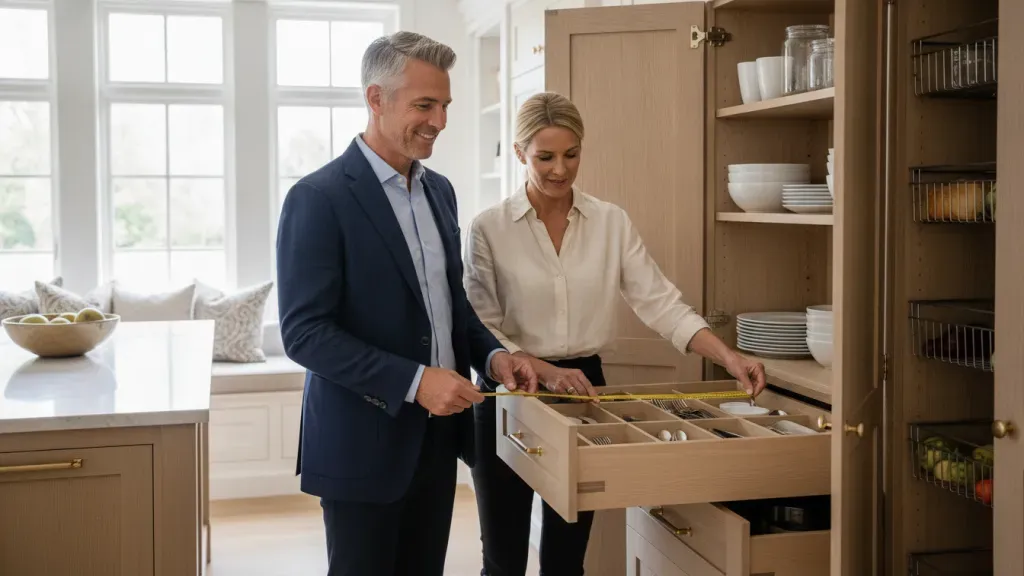 Custom kitchen cabinet planning with measured drawers and organized shelves