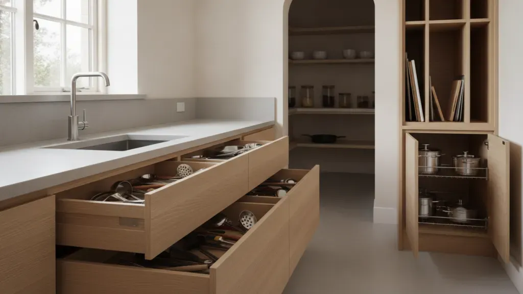 Kitchen cabinet organization arranged into prep, cooking, and pantry zones