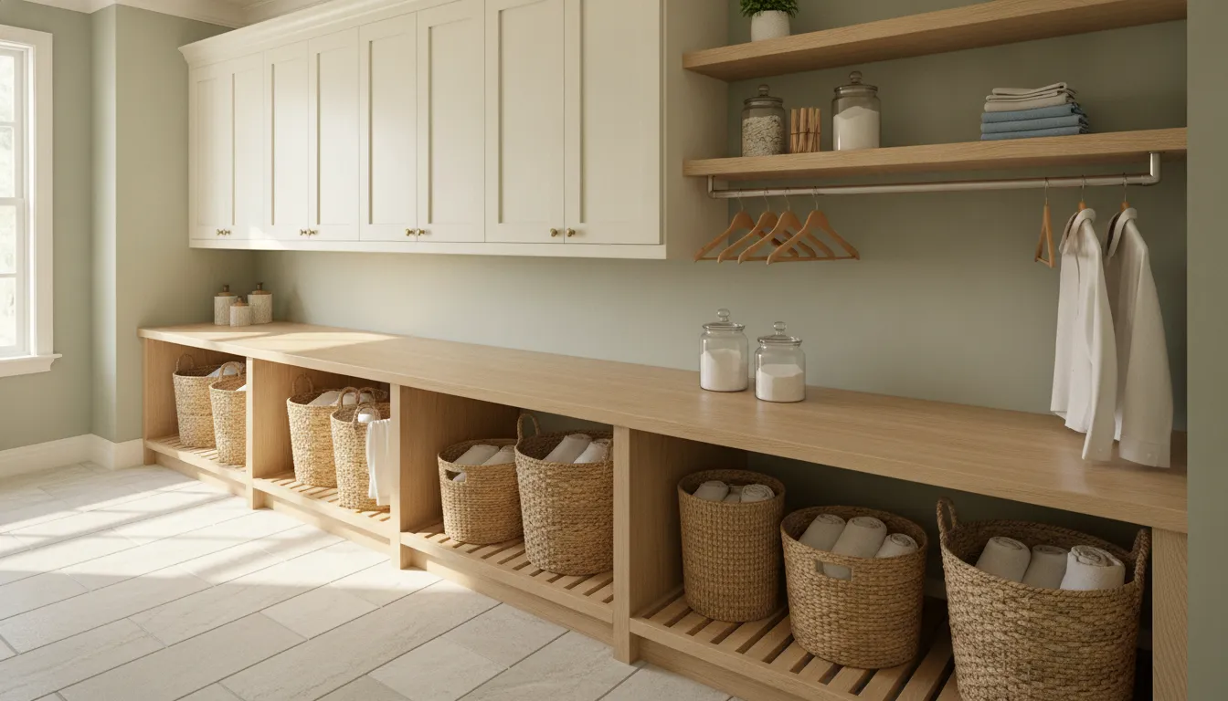 Custom laundry room storage with folding and sorting zones