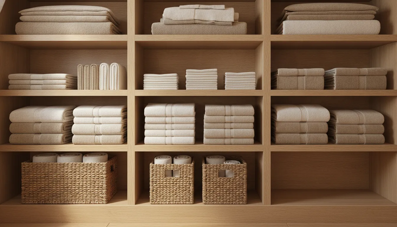 Neatly folded towels on custom linen closet shelving