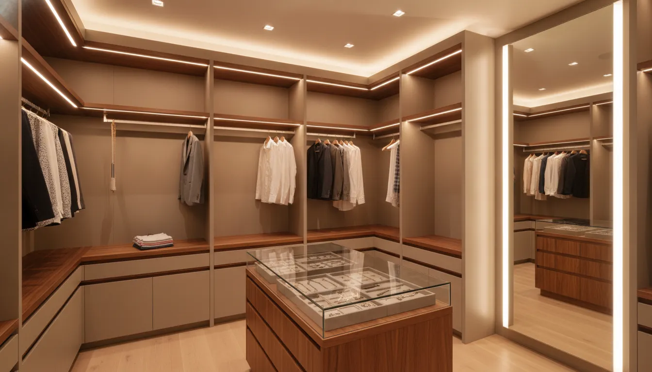 Layered lighting around hanging sections, shelves, drawers, and mirror in a master bedroom walk-in closet
