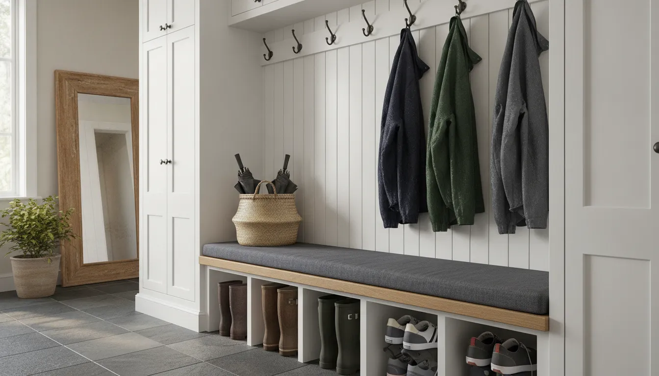 Built-in mudroom cabinets with bench, hooks, and shoe cubbies
