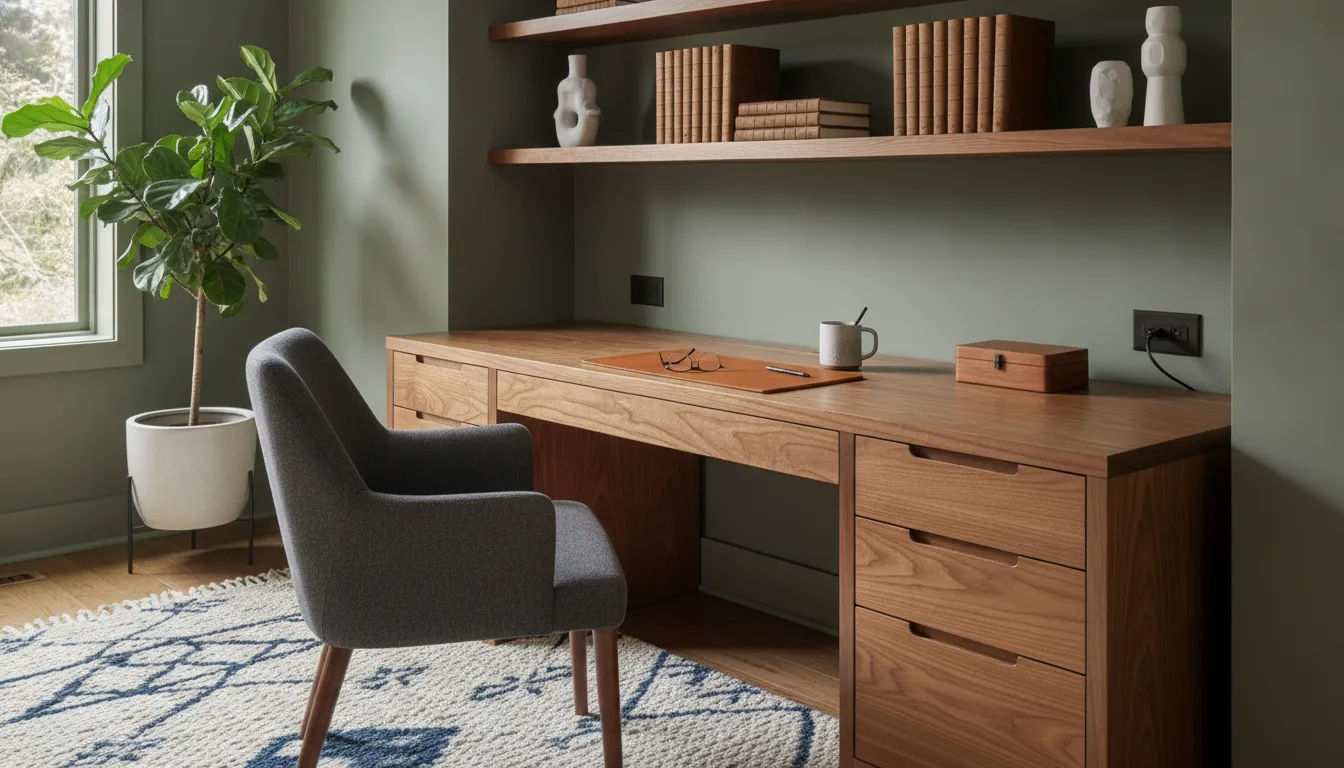 Custom home office desk with organized shelving and discreet cable management