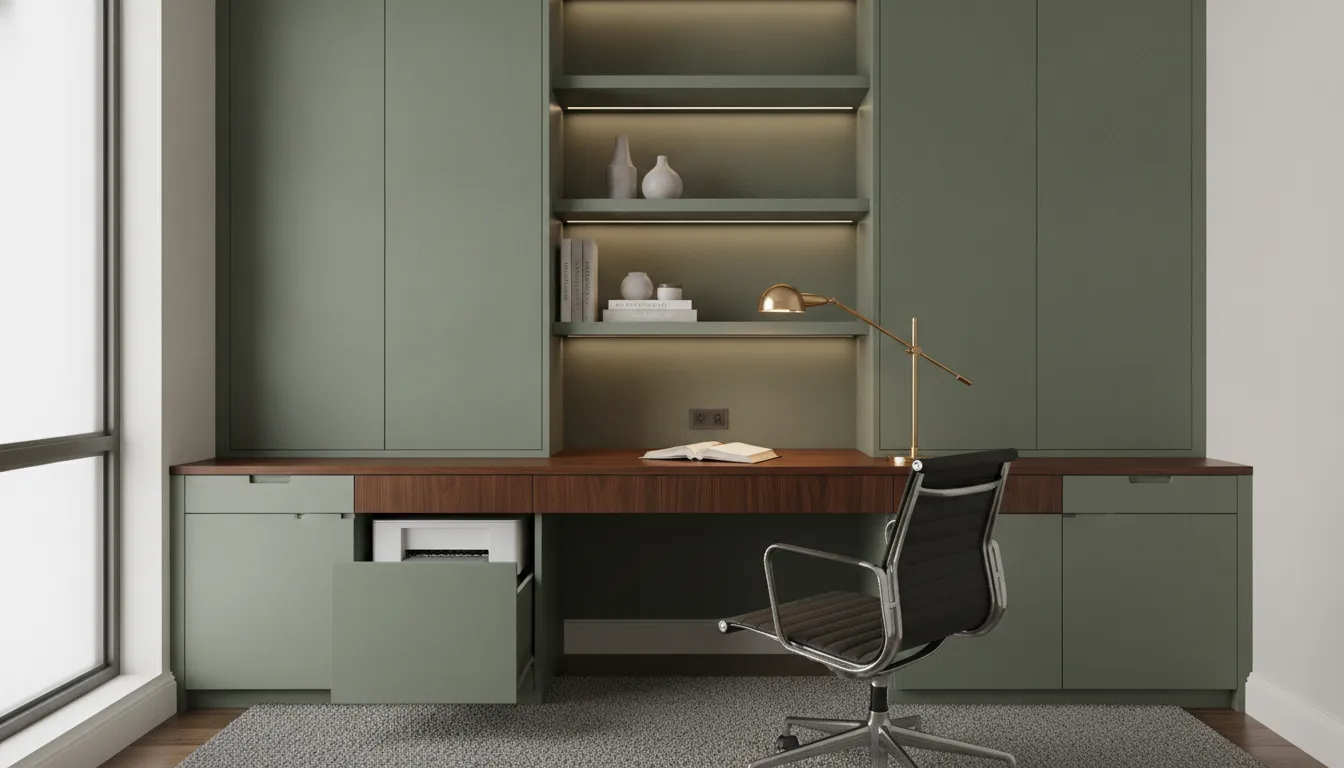 Compact home office with built-in desk, tall cabinets, and task lighting