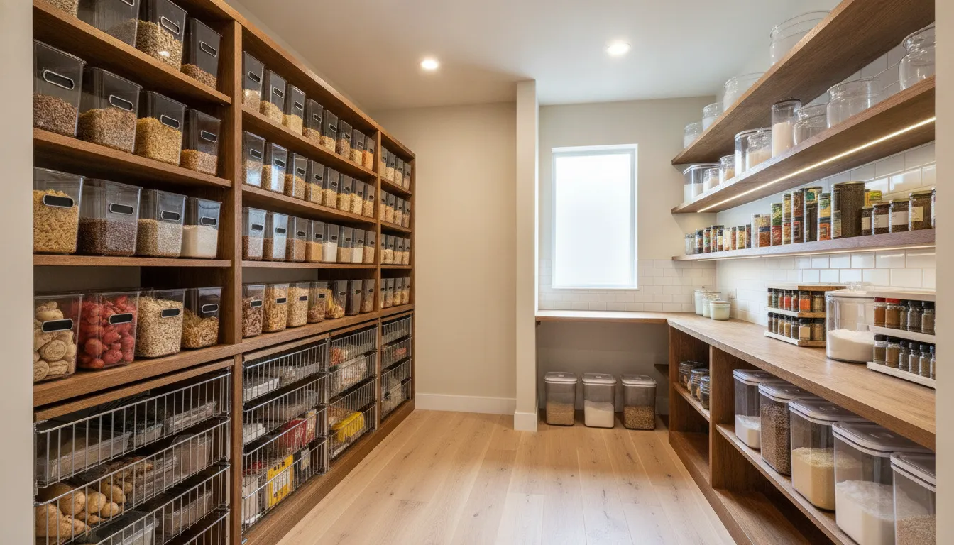 Organized walk-in pantry with pull-out drawers, clear bins, and tiered shelf risers on deep shelves