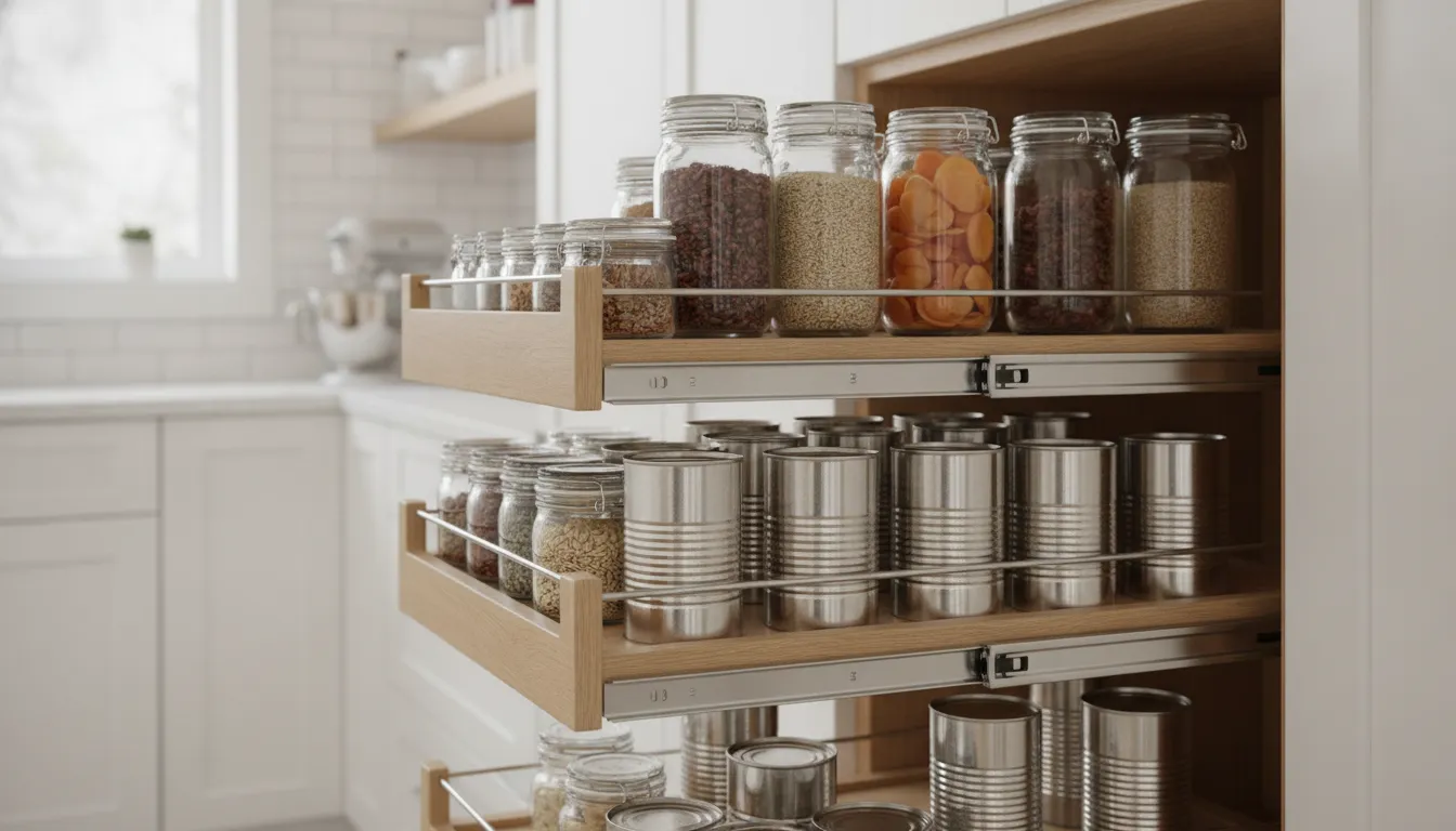 Custom pull-out pantry shelves glide open on steel tracks