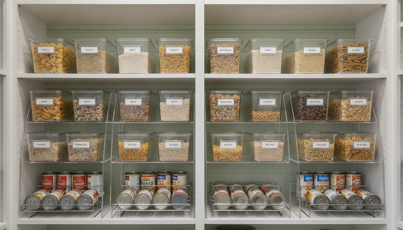 Deep pantry shelves with tiered risers, clear labeled bins, and can racks for first-in-first-out food storage