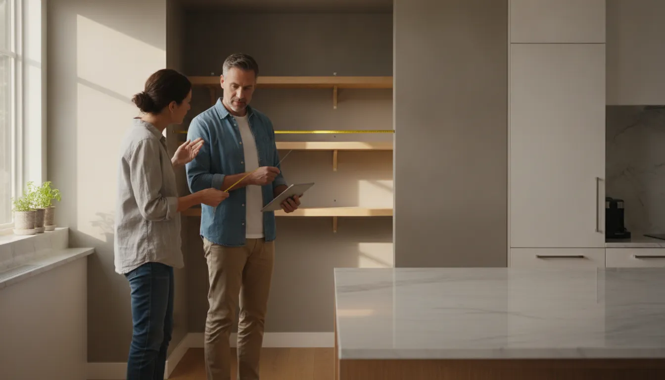 Homeowner and designer reviewing a pantry storage plan